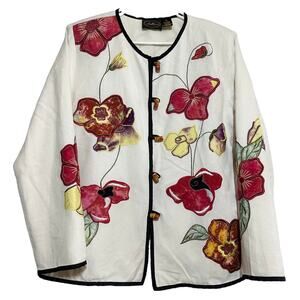 VTG Allure Blazer Flax Jacket Art to Wear Floral Applique Embroidered White S